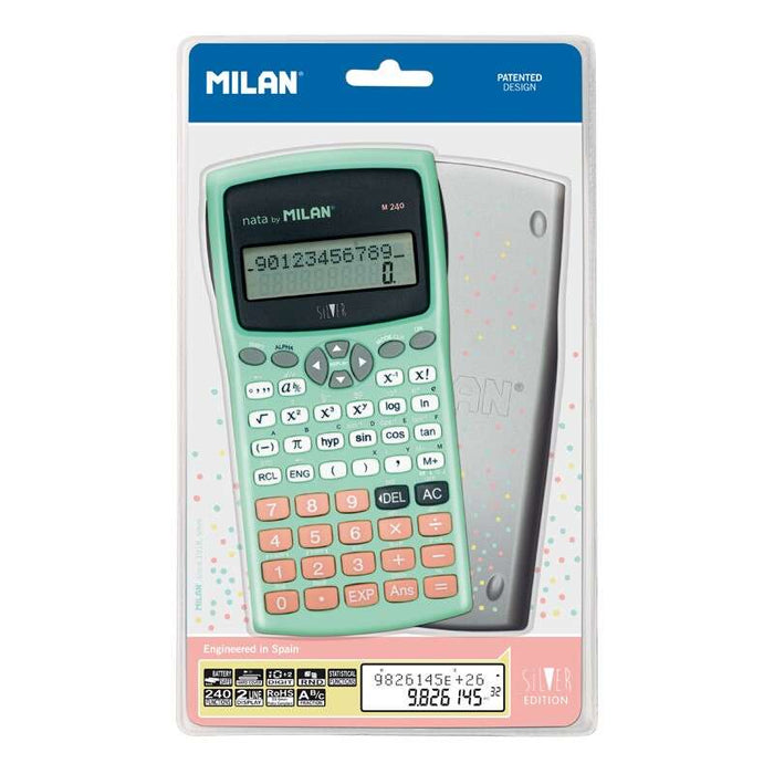 Milan M240 Calcolatrice Scientifica 10+2 Cifre - Display 2 Righe - 240 Funzioni Integrate tra cui 124 Scientifiche - Custodia Protettiva - Colore Turchese/Bianco/Rosa