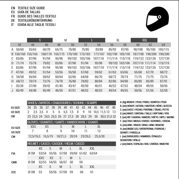 Guida alle taglie tessili Sparco multilingue