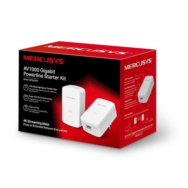 Mercusys MP500 Adattatore Powerline - 1000Mbps - Portata 300m - Gigabit Ethernet - Pack 2