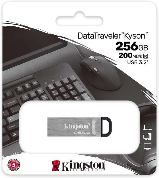 Kingston DataTraveler Kyson Memoria USB 256GB - 3.2 Gen 1 - 200 MB/s in Lettura - Design Metallico - Colore Argento (Pendrive)