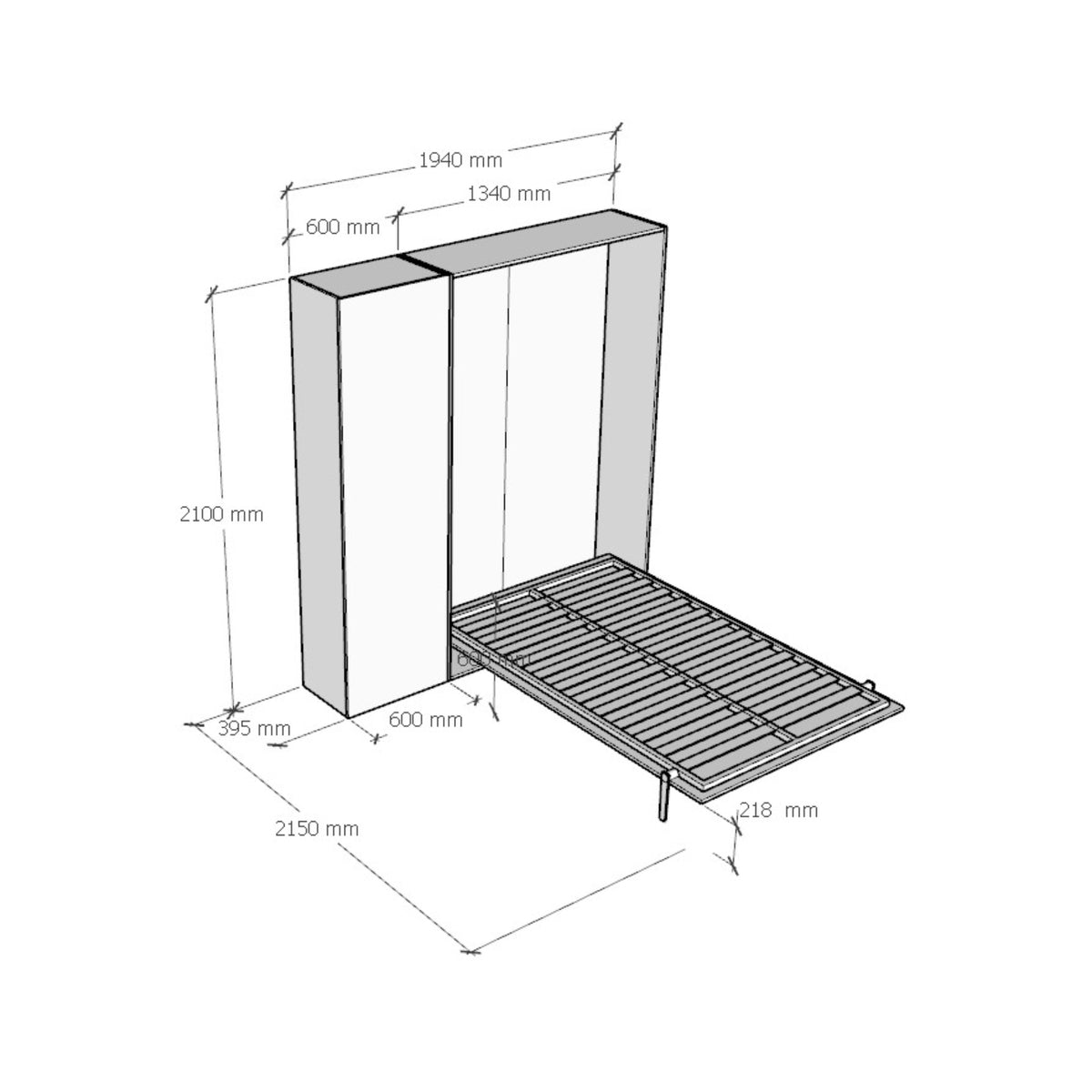 Schema tecnico letto Kentaro con colonna laterale e misure dettagliate. Letto aperto 215 cm, profondità chiuso 39,5 cm, altezza 210 cm.