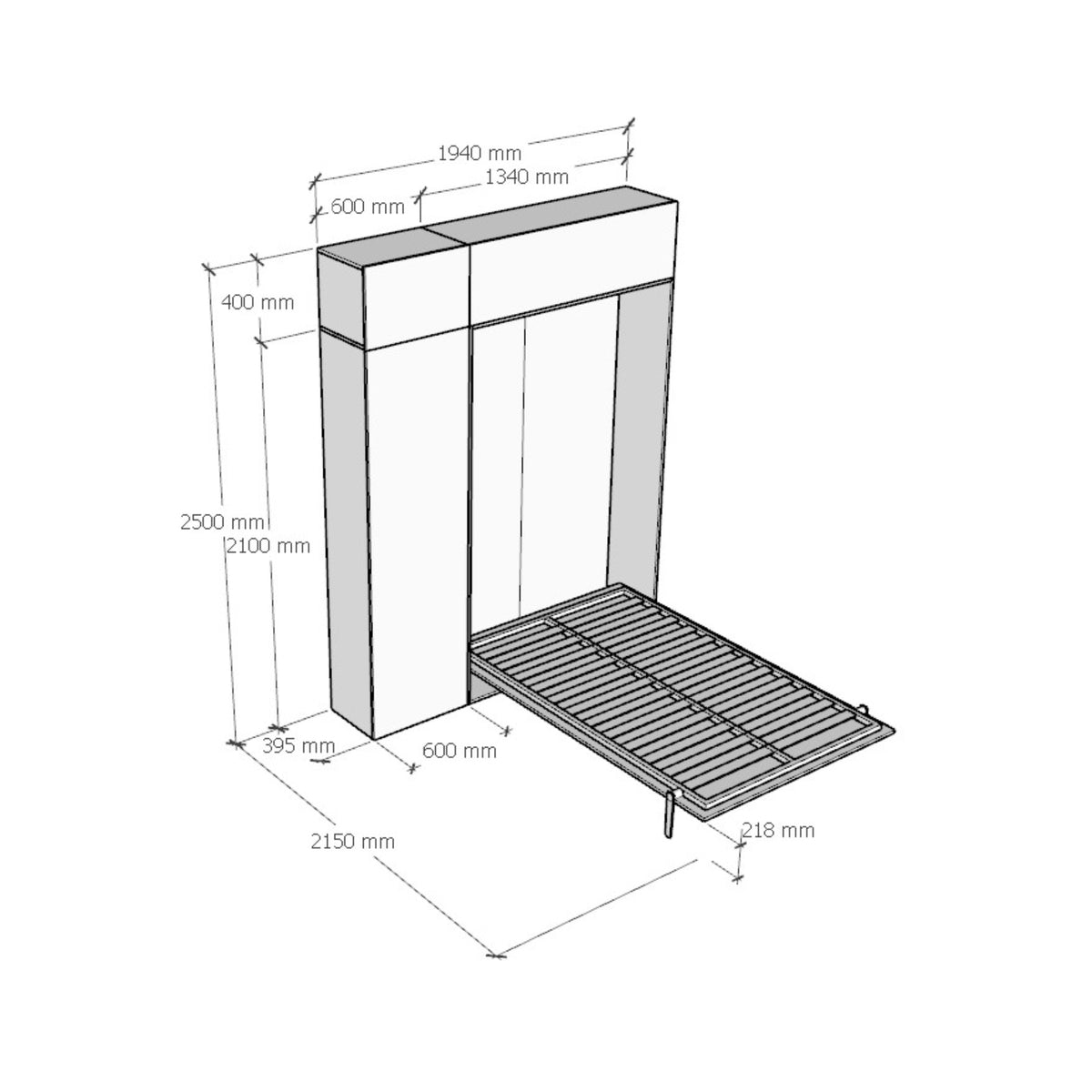 Schema tecnico letto Kentaro con colonna e pensile, altezza 250 cm. Letto aperto 215 cm, profondità chiuso 39,5 cm.