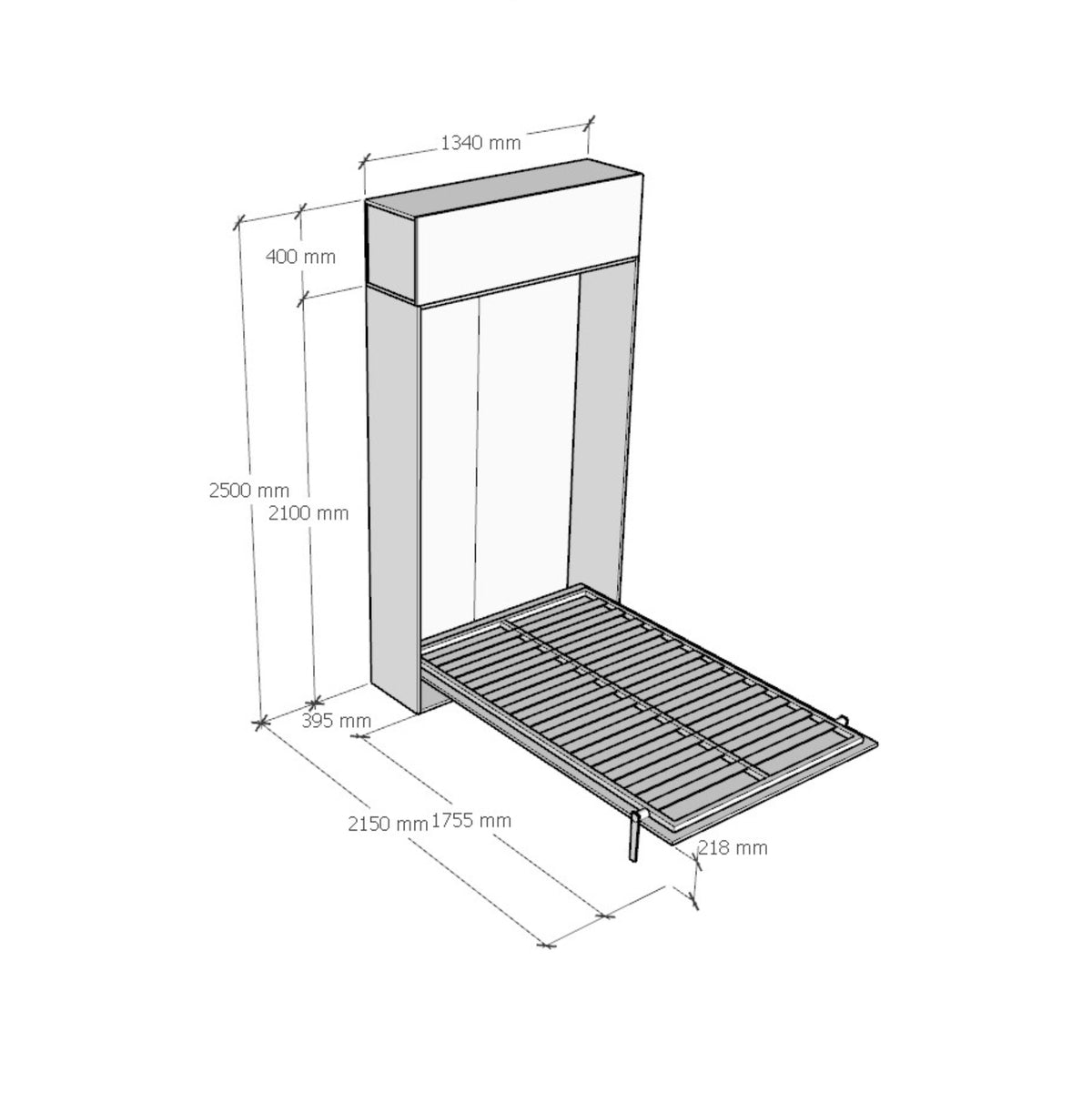 Schema tecnico letto Kentaro con pensile superiore, altezza totale 250 cm. Letto aperto 215 cm, profondità chiuso 39,5 cm.