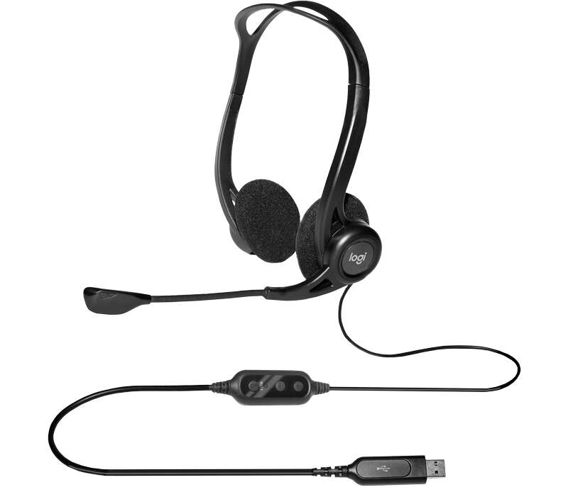 Logitech 960 Cuffie con Microfono USB - Microfono Pieghevole e Flessibile - Comandi su Cavo - Cavo 2.40m - Colore Nero