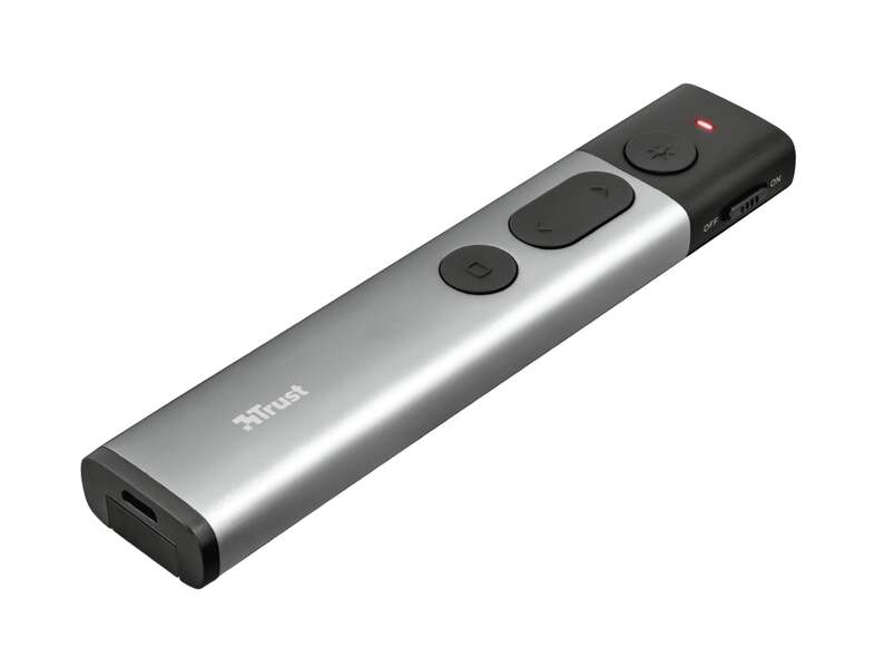 Trust Kazun Presenter Laser Senza Fili - 4 Pulsanti - Raggio d'Azione 30m - Laser Colore Rosso - Alluminio