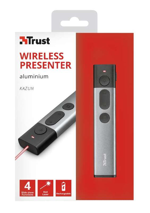 Trust Kazun Presenter Laser Senza Fili - 4 Pulsanti - Raggio d'Azione 30m - Laser Colore Rosso - Alluminio