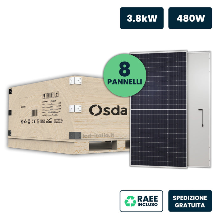 Set 3.8kW con 8 pannelli solari fotovoltaici OSDA Solar TIER-1 monocristallini N-Type TOPCon da 480W, cornice silver, IP67/IP68, 1903x1134x35mm. Ideale per impianti fotovoltaici residenziali ad alta efficienza con spedizione gratuita e RAEE incluso.