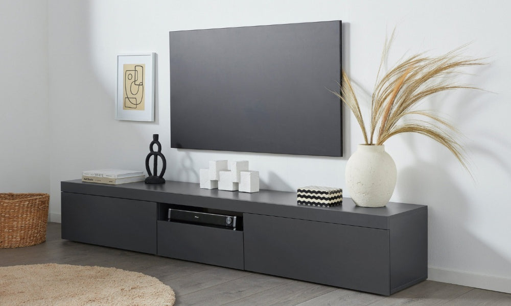 Porta TV ESSENTIAL 220 cm, Antracite Opaco, 2 Ante Battenti e 1 Ribalta