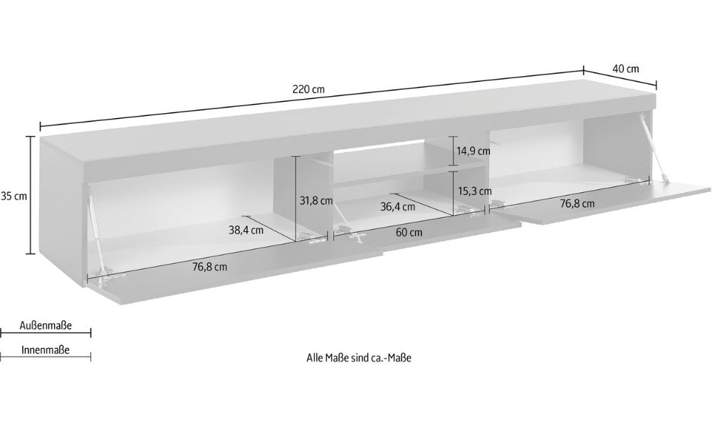 Porta TV ESSENTIAL 220 cm, Antracite Opaco, 2 Ante Battenti e 1 Ribalta