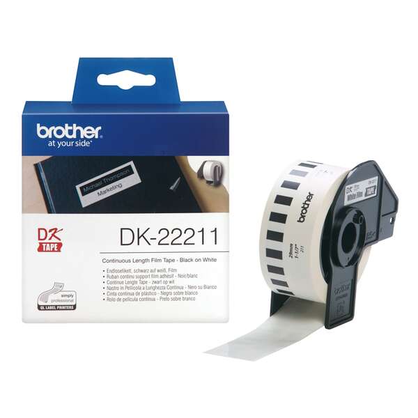 Brother DK22211 - Etichette Originali a Misura Personalizzata in Pellicola Plastica - Larghezza 29mm x 15,24 metri - Testo nero su sfondo bianco