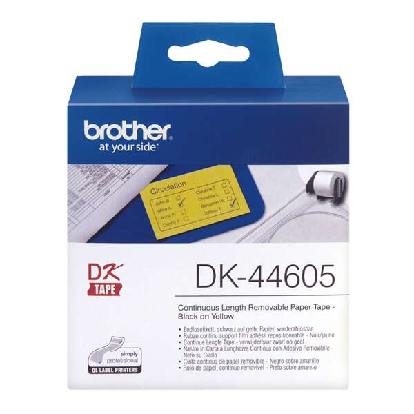 Brother DK44605 - Etichette Removibili Originali di Dimensione personalizzata - Larghezza 62mm x 30,48 metri - Testo nero su fondo giallo