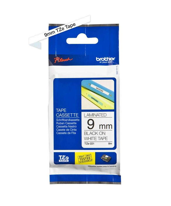 Brother TZe221 Nastro Laminato Originale Etichette - Testo Nero su Fondo Bianco - Larghezza 9mm x 8 Metri