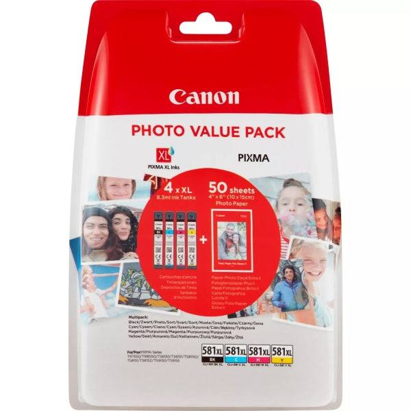 Canon CLI581XL Confezione 4 Cartucce d'Inchiostro Originali - 50 Fogli Carta Fotografica - 2052C004/2052C006