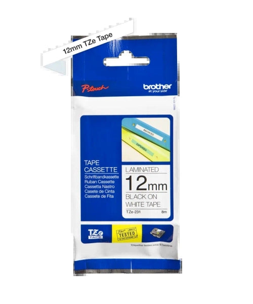 Brother TZe231 Nastro Laminato Originale per Etichette - Testo nero su fondo bianco - Larghezza 12mm x 8 metri