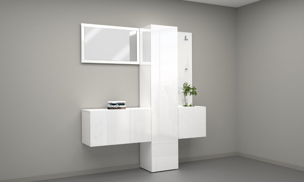 Set Ingresso KOMPACT 4 pezzi bianco lucido con specchio e 11 ripiani, design moderno e salvaspazio per arredare l’ingresso con eleganza.