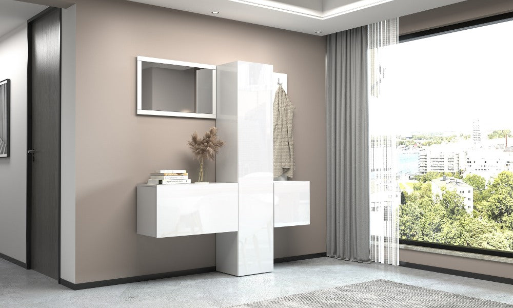 Set Ingresso KOMPACT installato in ambiente moderno con vista panoramica, perfetto per un ingresso elegante e ordinato.