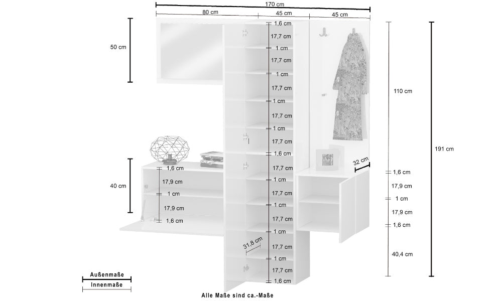 Schema tecnico del Set Ingresso KOMPACT con misure dettagliate dei 4 pezzi, 11 ripiani e specchio, ideale per pianificare l’arredo d’ingresso.