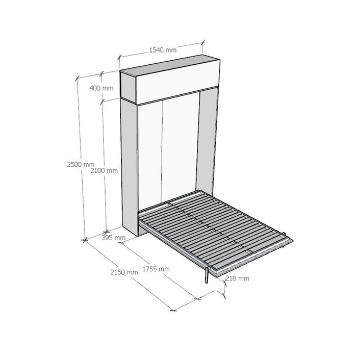 Schema tecnico letto Kentaro con pensile legno scuro, misure dettagliate per installazione compatta.