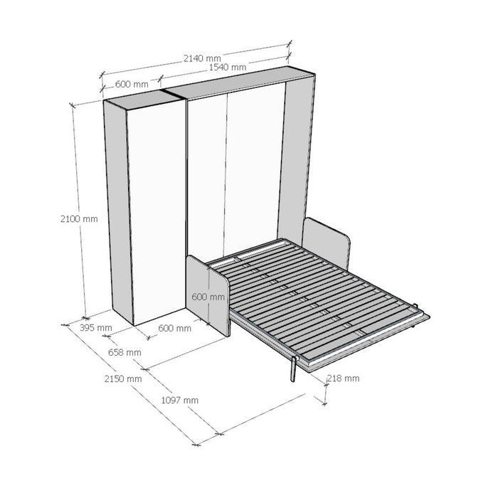 Schema tecnico del letto Kentaro Sofà con misure dettagliate, utile per valutare l’ingombro in ambienti ridotti.