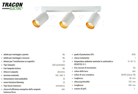 Plafoniera da Soffitto Bianco/Oro 3x35W Attacco GU10