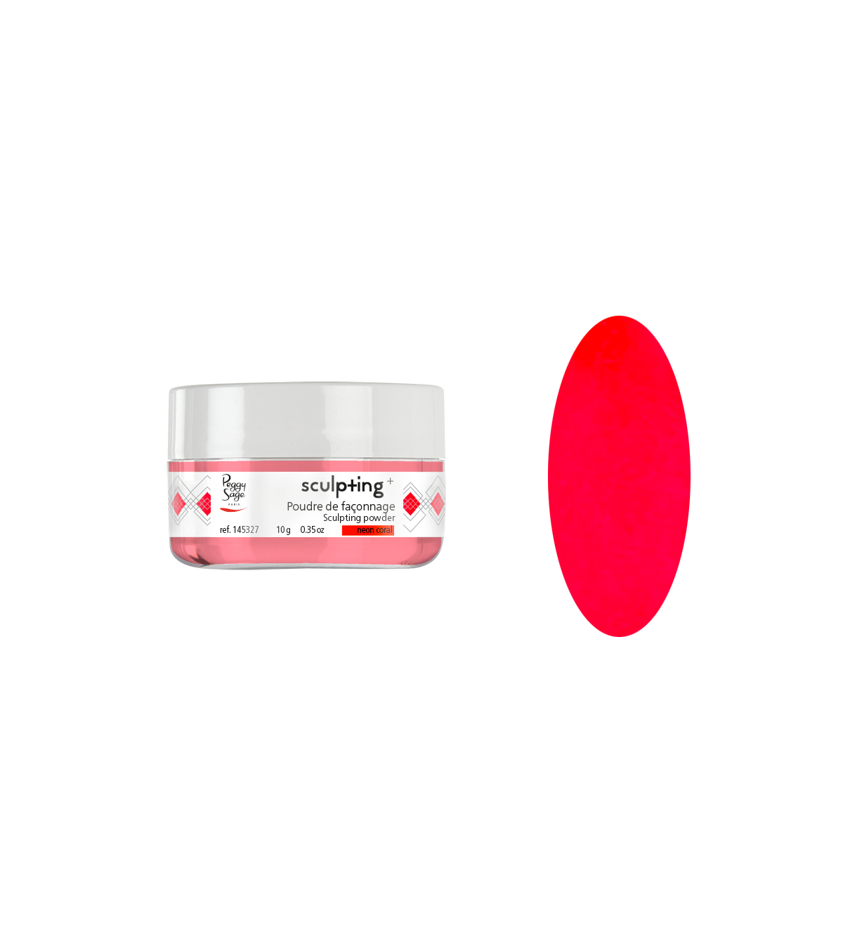 Polvere di modellatura neon coral Peggy Sage in barattolo trasparente con etichetta bianca, dettagli rosa e rosso, ideale per nail art 10g