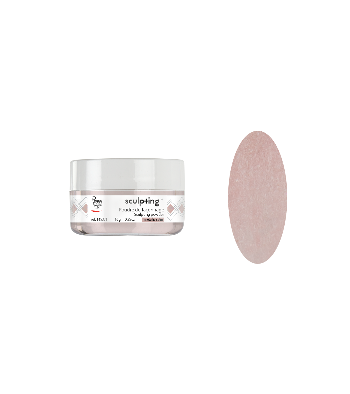 Polvere di modellatura Peggy Sage in barattolo trasparente con finitura satinata metallizzata rosa chiaro, ideale per nail art e decorazioni uniche.