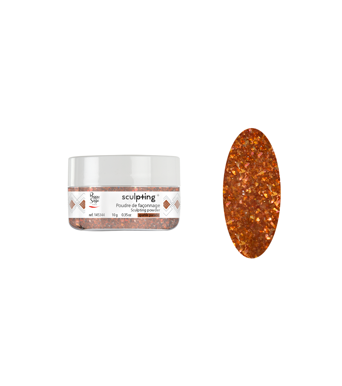 Polvere di modellatura Peggy Sage Sparkle Parade in contenitore trasparente, colore arancione con glitter, ideale per nail art e decorazioni 3D