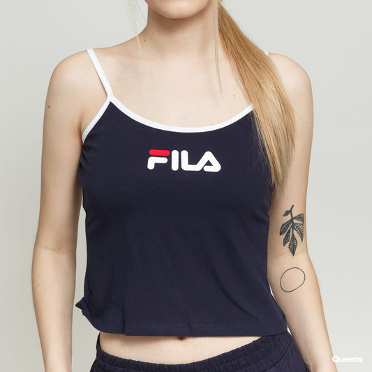 Top Fila in cotone elasticizzato nero con logo stampato bianco e rosso, spalline sottili, vestibilità slim, ideale per look casual e sportivi.