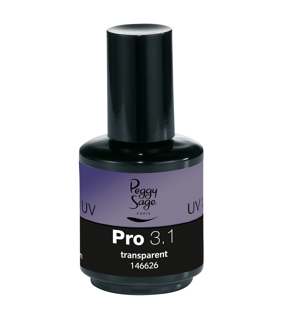 Flacone di top gel UV trasparente Peggy Sage Pro 3.1, contenuto da 15ml, con etichetta viola e tappo nero, ideale per finiture lucide su gel
