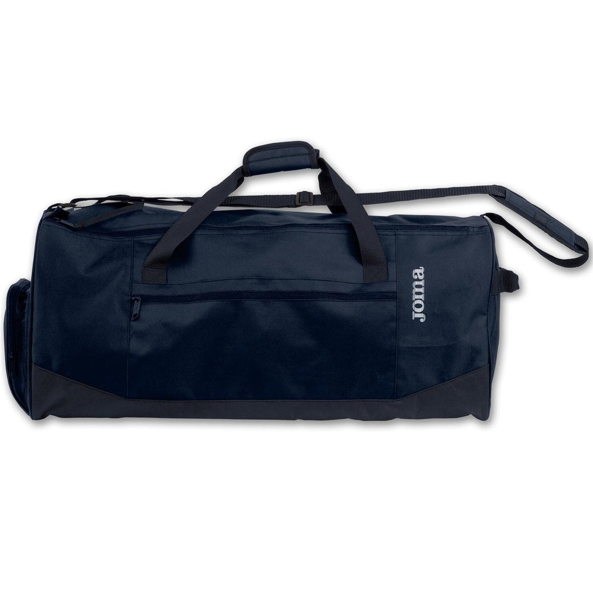 Borsa sportiva Joma Travel III in poliestere blu navy con tasca frontale, maniglie e tracolla regolabile, ideale per viaggi sportivi e palestra.