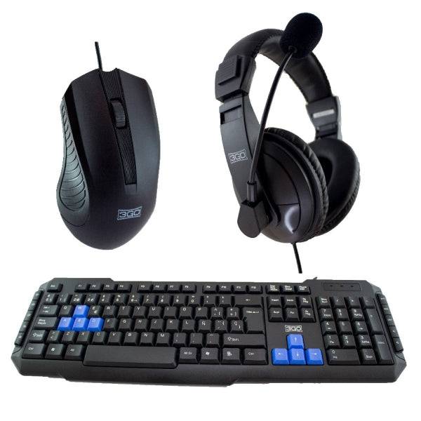 3Go Drile H2 Pack USB Tastiera Multimediale + Ratone 1000dpi 5 Pulsanti + Auricolari con Microfono - Uso Ambidestro - Colore Nero