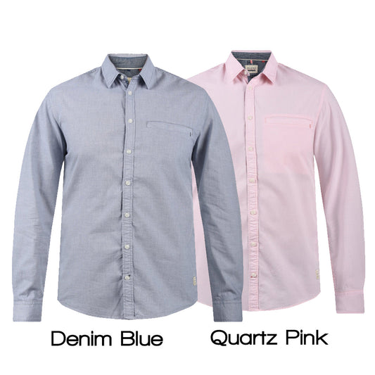 Camicia uomo in cotone con maniche lunghe, colore denim blue, taschino sul lato sinistro, stile casual elegante, perfetta per occasioni formali e informali