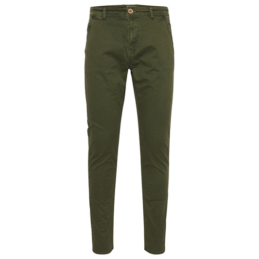 Pantaloni chino uomo in cotone verde militare con tasche frontali, chiusura con bottone, vestibilità slim, perfetti per look casual e pratici.