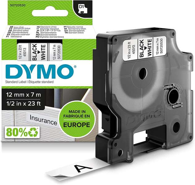 Dymo D1 45013 Nastro Etichette Originale per Etichettatrice - Testo nero su fondo bianco - Larghezza 12mm x 7 metri - S0720530