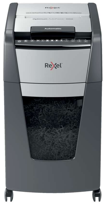 Rexel Optimum AutoFeed 300X Distruggi Documenti Automatico Taglio Particelle P-4 - Alimentazione Automatica 300 Fogli e Slot Manuale 10 Fogli - Funzionamento Ininterrotto 60min - Cestello 34L - Colore Grigio/Argento