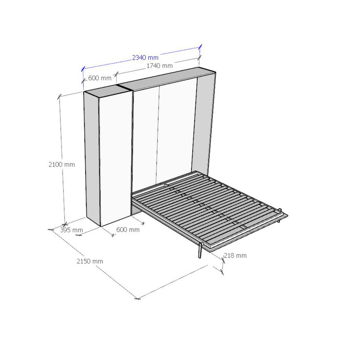 Disegno tecnico del letto Kentaro con colonna laterale e misure dettagliate per installazione precisa.