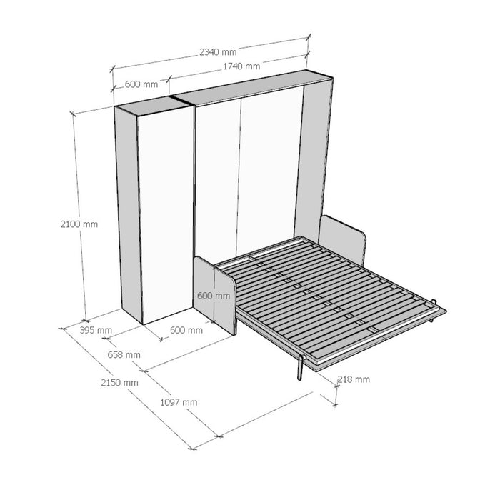 Schema tecnico del letto Kentaro Sofà con colonna, mostra le misure complete per un’installazione precisa in casa.