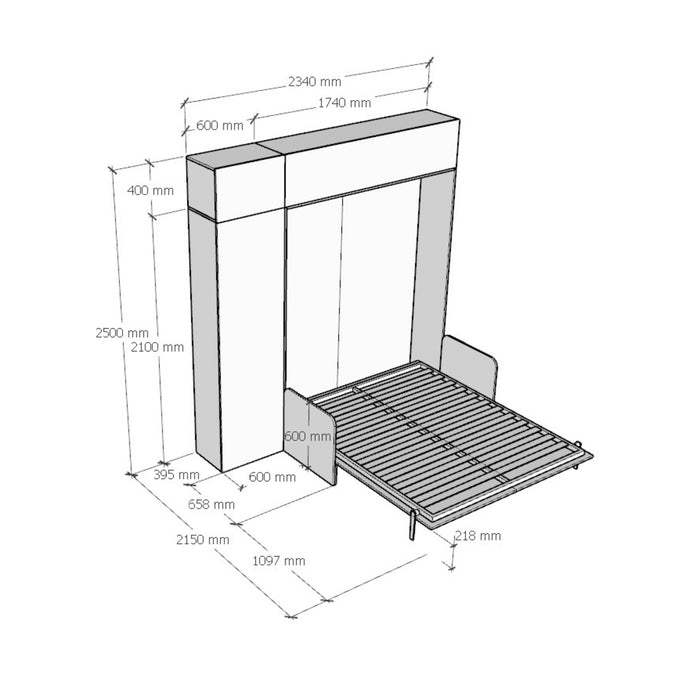 Schema tecnico completo del letto Kentaro Sofà con colonna e pensile, mostra tutte le misure per l’installazione.