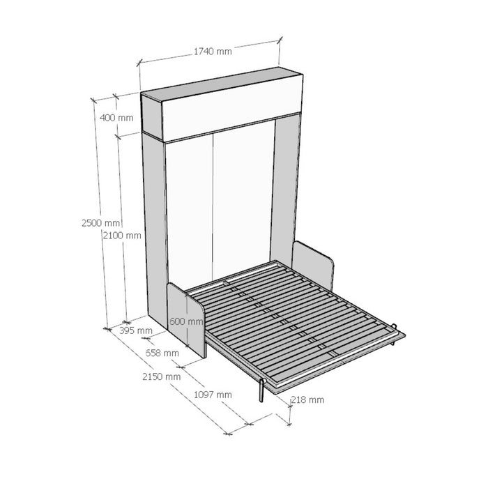 Schema tecnico del letto Kentaro Sofà con pensile, mostra le misure dettagliate per una progettazione accurata.