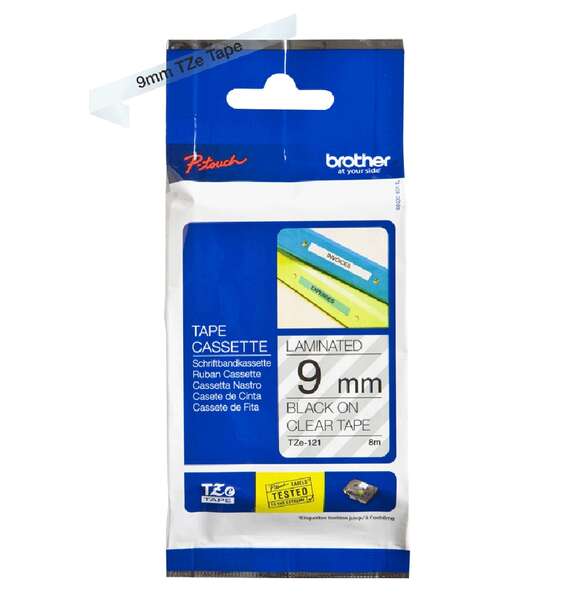 Brother TZe121 Nastro Laminato Originale Etichette - Testo Nero su Fondo Trasparente - Larghezza 9mm x 8 Metri