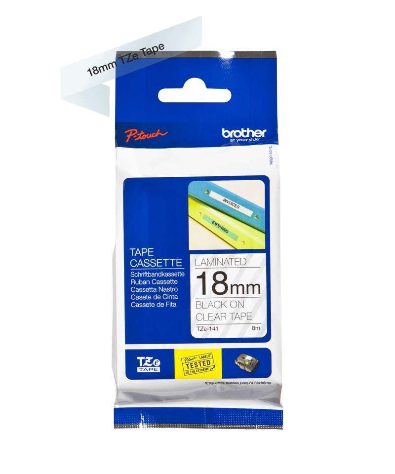 Brother TZe141 Nastro Laminato Originale per Etichette - Testo nero su fondo trasparente - Larghezza 18mm x 8 metri