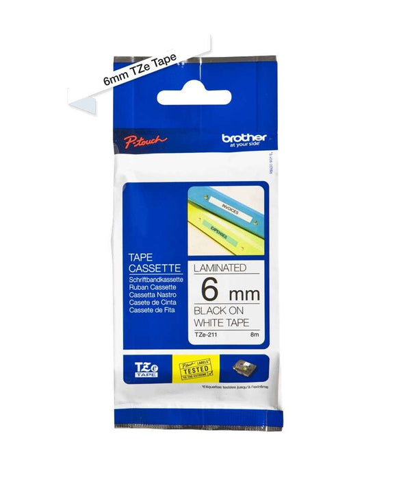 Brother TZe211 Nastro Laminato Originale per Etichette - Testo nero su fondo bianco - Larghezza 6mm x 8 metri