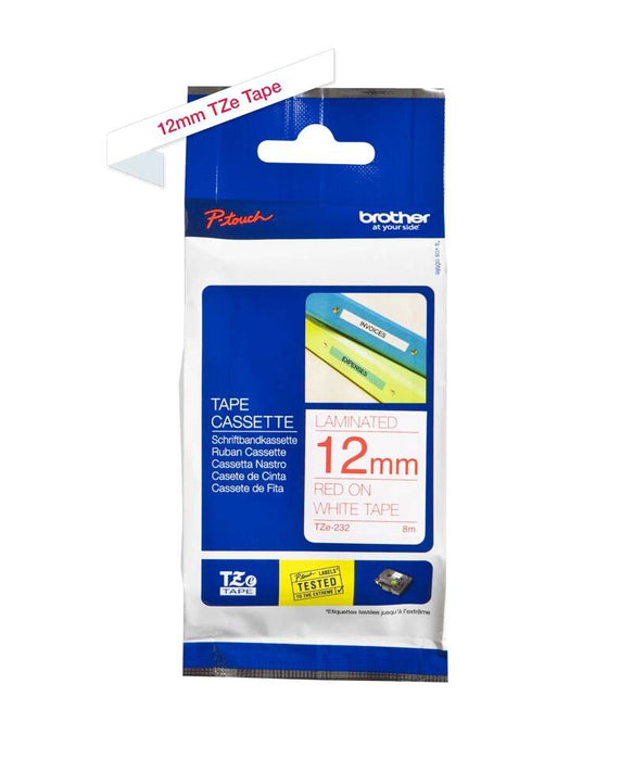 Brother TZe232 Nastro Laminato Originale per Etichette - Testo rosso su fondo bianco - Larghezza 12mm x 8 metri