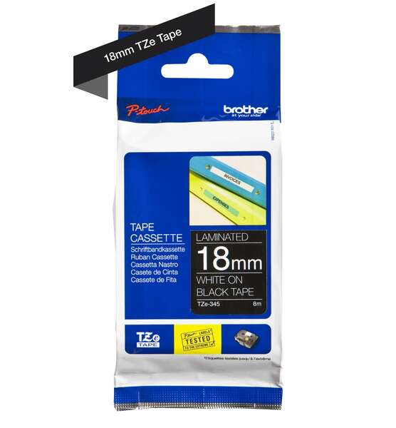 Brother TZe345 Nastro Laminato Originale per Etichette - Testo bianco su fondo nero - Larghezza 18mm x 8 metri