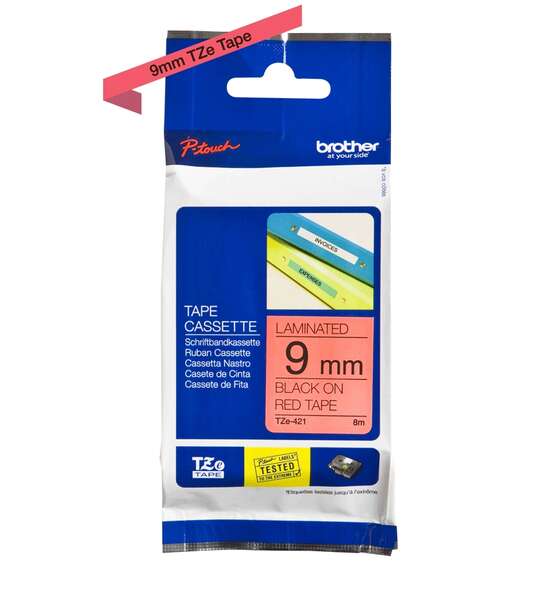 Brother TZe421 Nastro Laminato Originale Etichette - Testo Nero su Fondo Rosso - Larghezza 9mm x 8 Metri