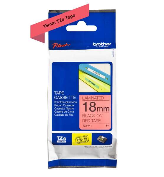 Brother TZe441 Nastro Laminato Originale per Etichette - Testo nero su fondo rosso - Larghezza 18mm x 8 metri