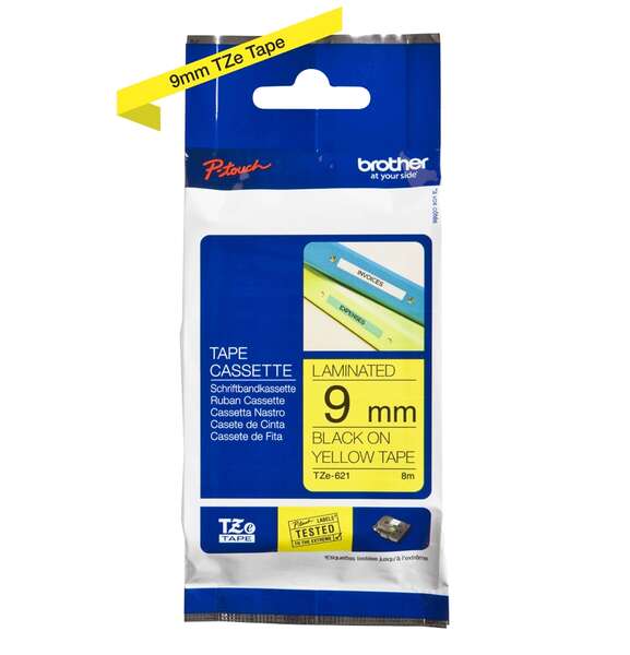 Brother TZe621 Nastro Laminato Originale Etichette - Testo Nero su Fondo Giallo - Larghezza 9mm x 8 Metri