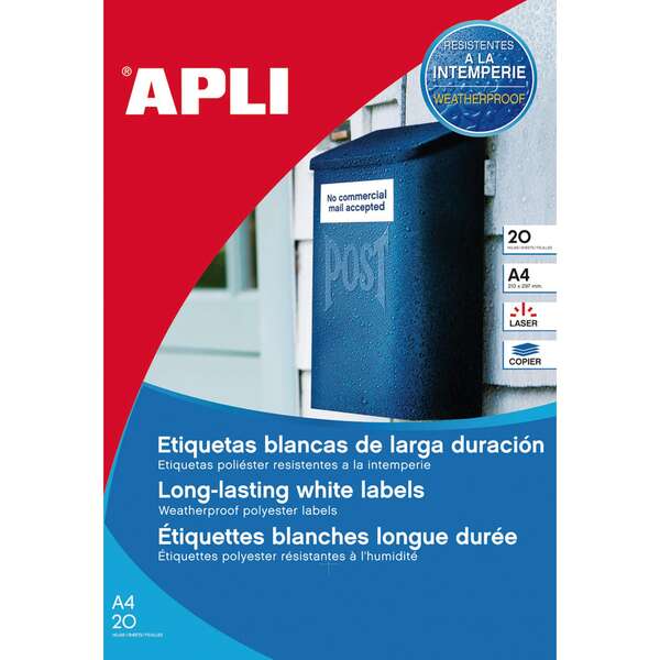 Apli Confezione da 80 Etichette Permanenti 105x148mm - Fabbricate in Poliestere - Angoli Diritti - Resistenti alle Intemperie - Colore Bianco