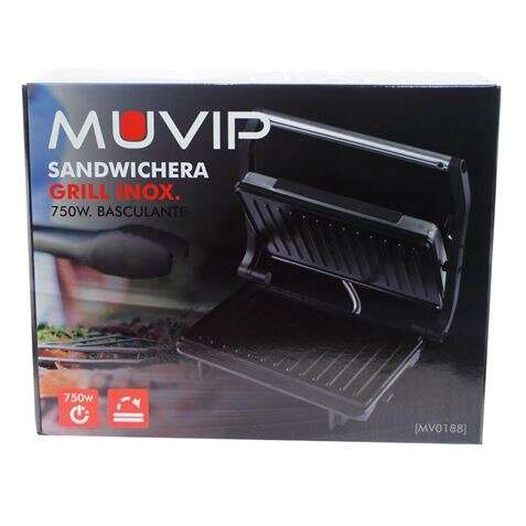 Muvip Piastra Grill Inox 750W - Piastra Superiore Basculante - Pressione Uniforme - Manico Tocco Freddo