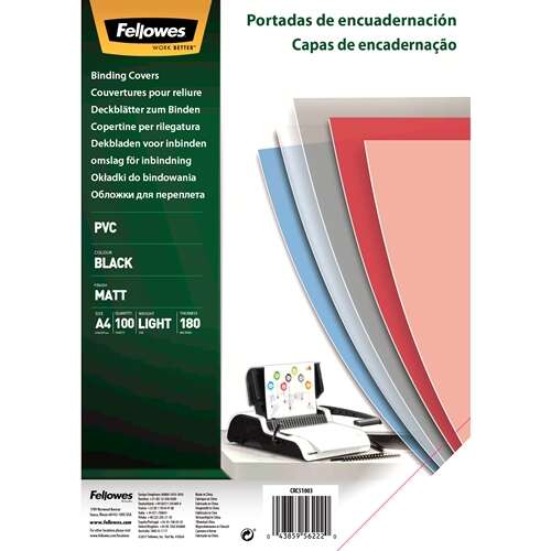Fellowes Confezione di 100 Copertine per Rilegatura in PVC A4 - 180 Micron - Finitura di Qualità - Colore Nero